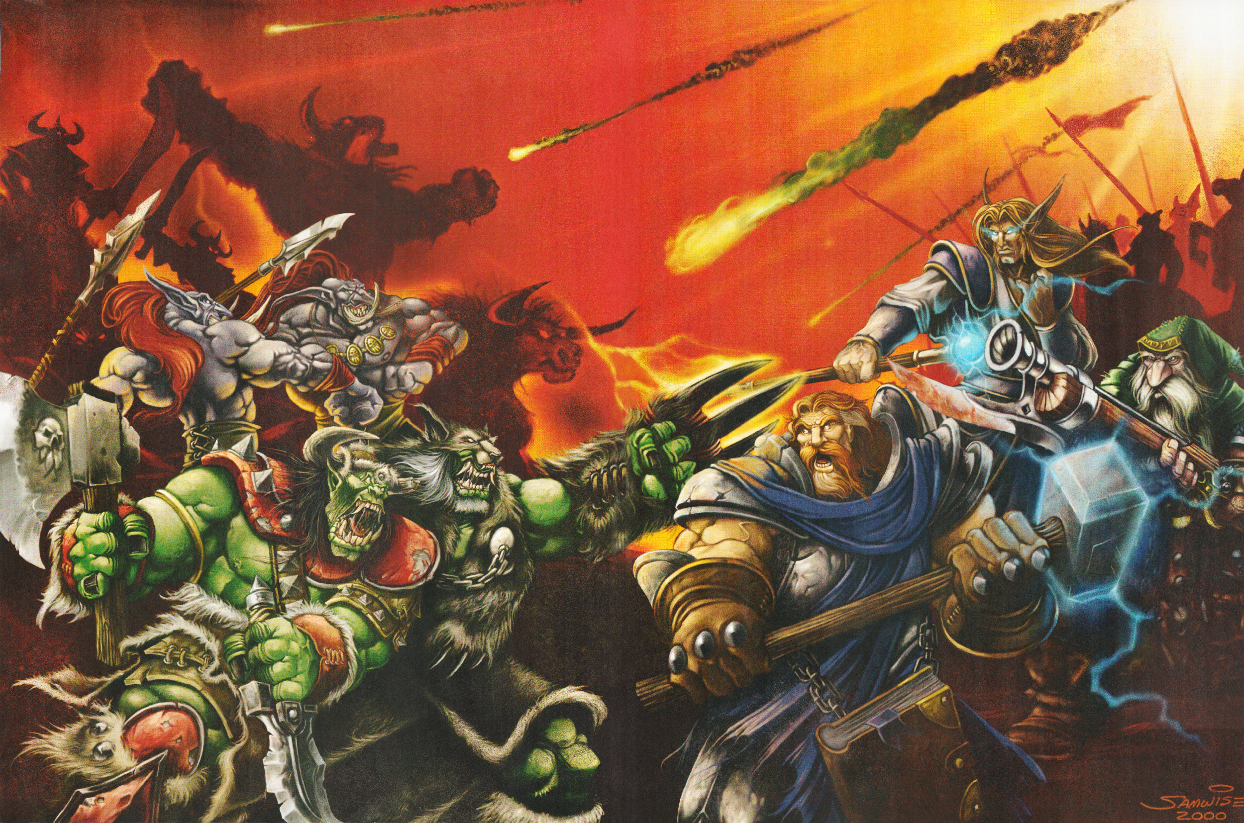 Warcraft III: Reign of Chaos artwork by Samwise Didier showing Orcs, Humans, and Elves in an epic fantasy battle.