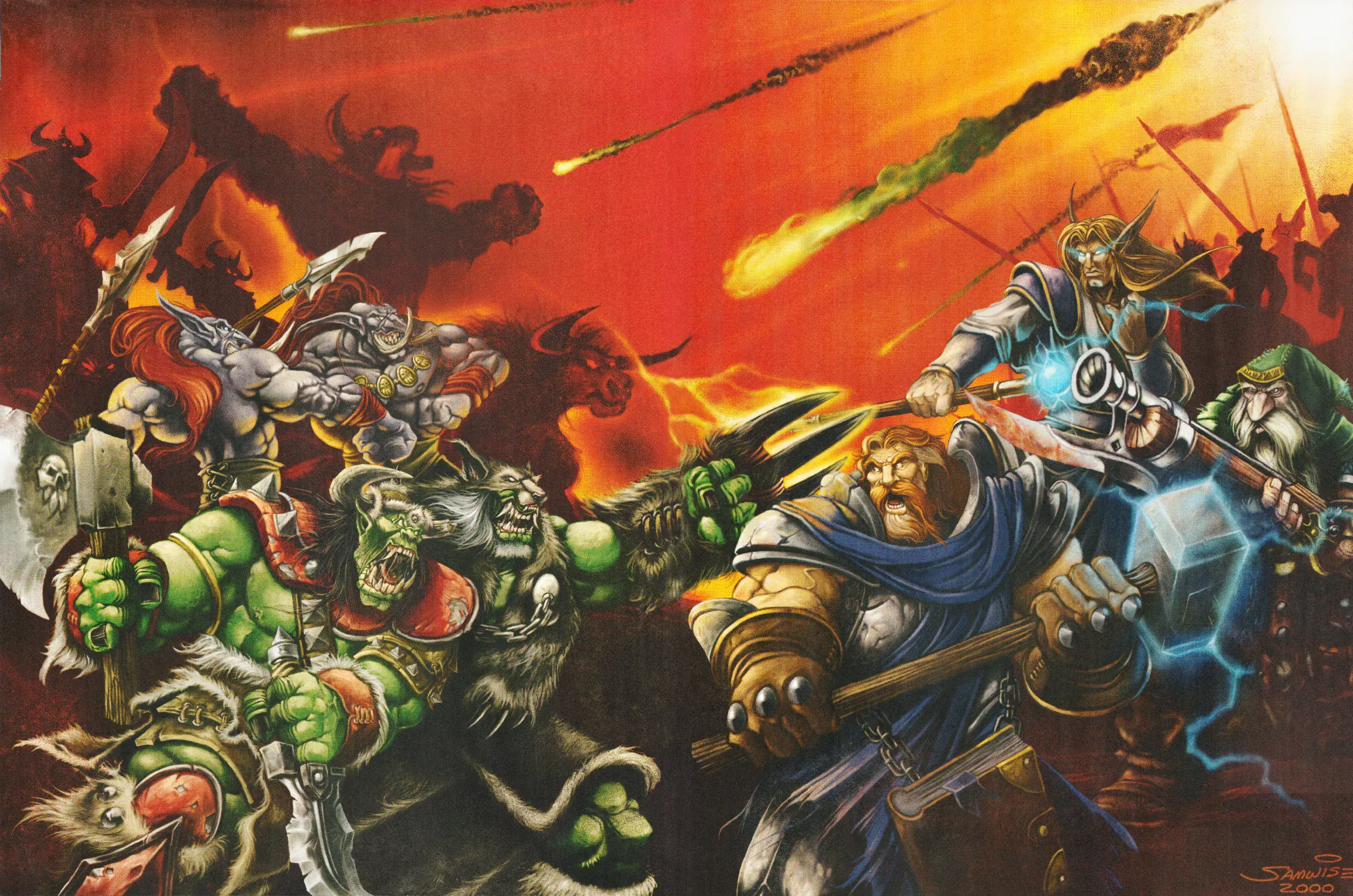 Warcraft III: Reign of Chaos artwork by Samwise Didier showing Orcs, Humans, and Elves in an epic fantasy battle.