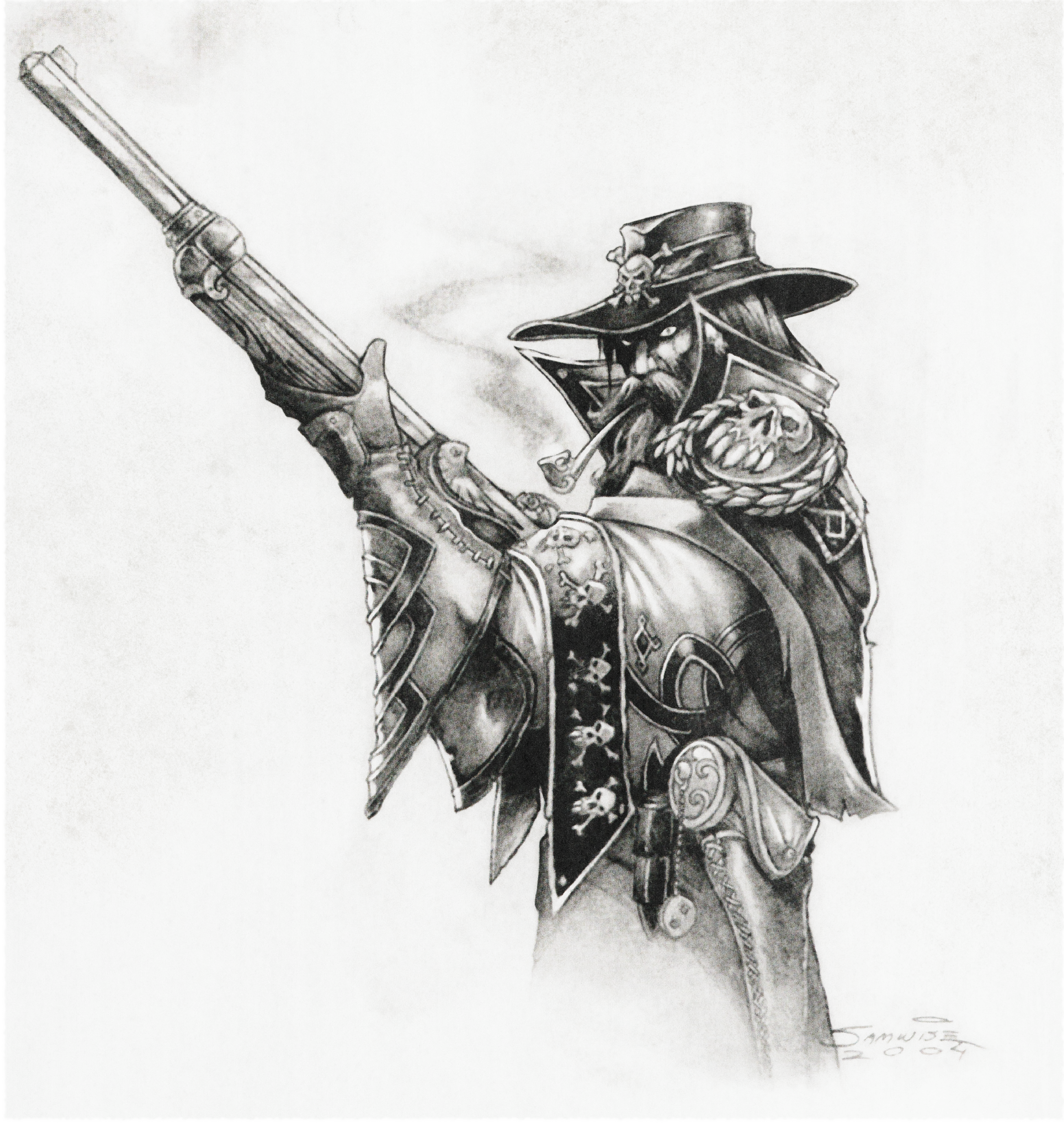 Black and white pencil sketch of a Warcraft III Epic Marksman with a smoking pipe and skull-adorned hat, aiming a rifle.