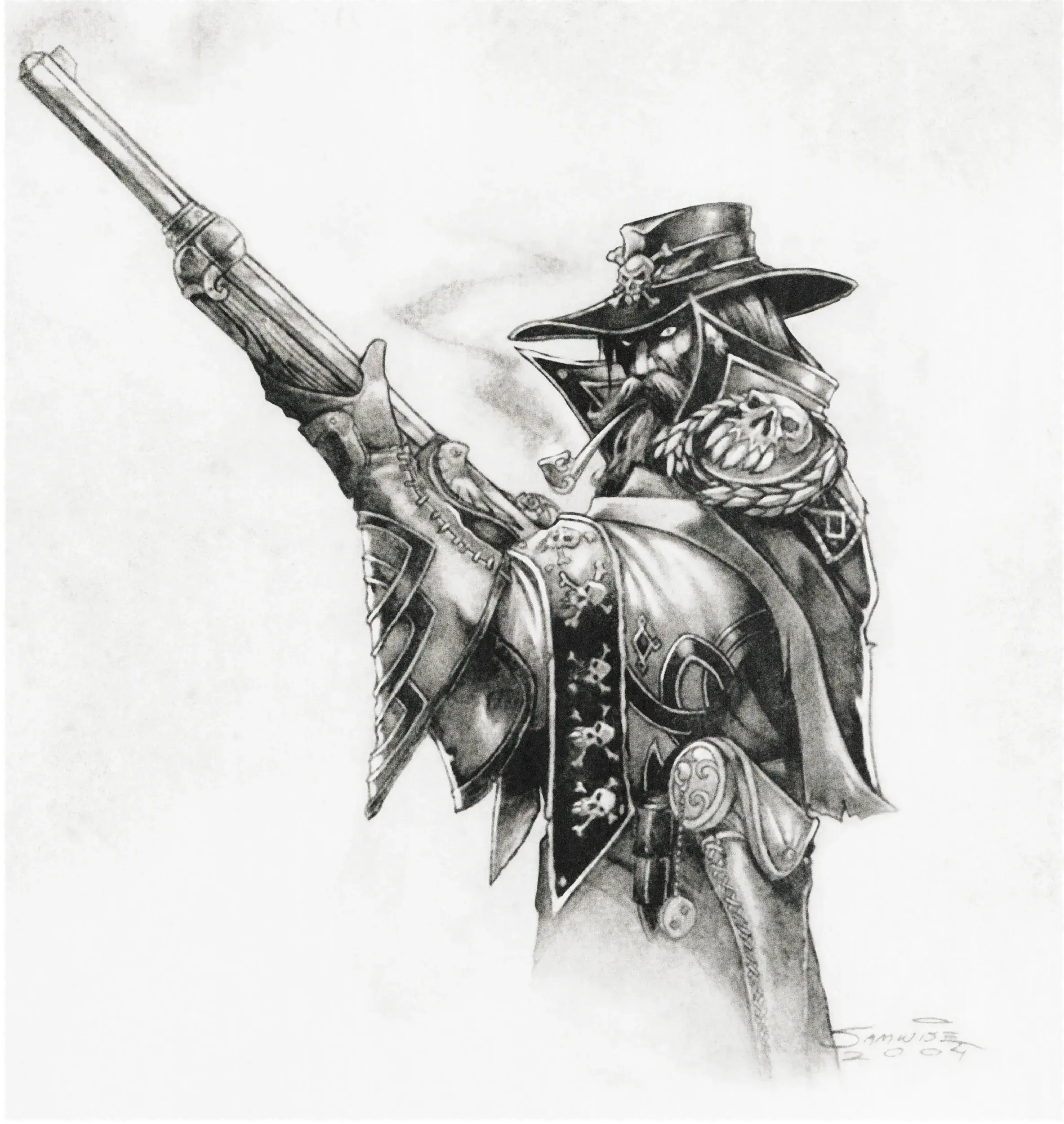 Black and white pencil sketch of a Warcraft III Epic Marksman with a smoking pipe and skull-adorned hat, aiming a rifle.